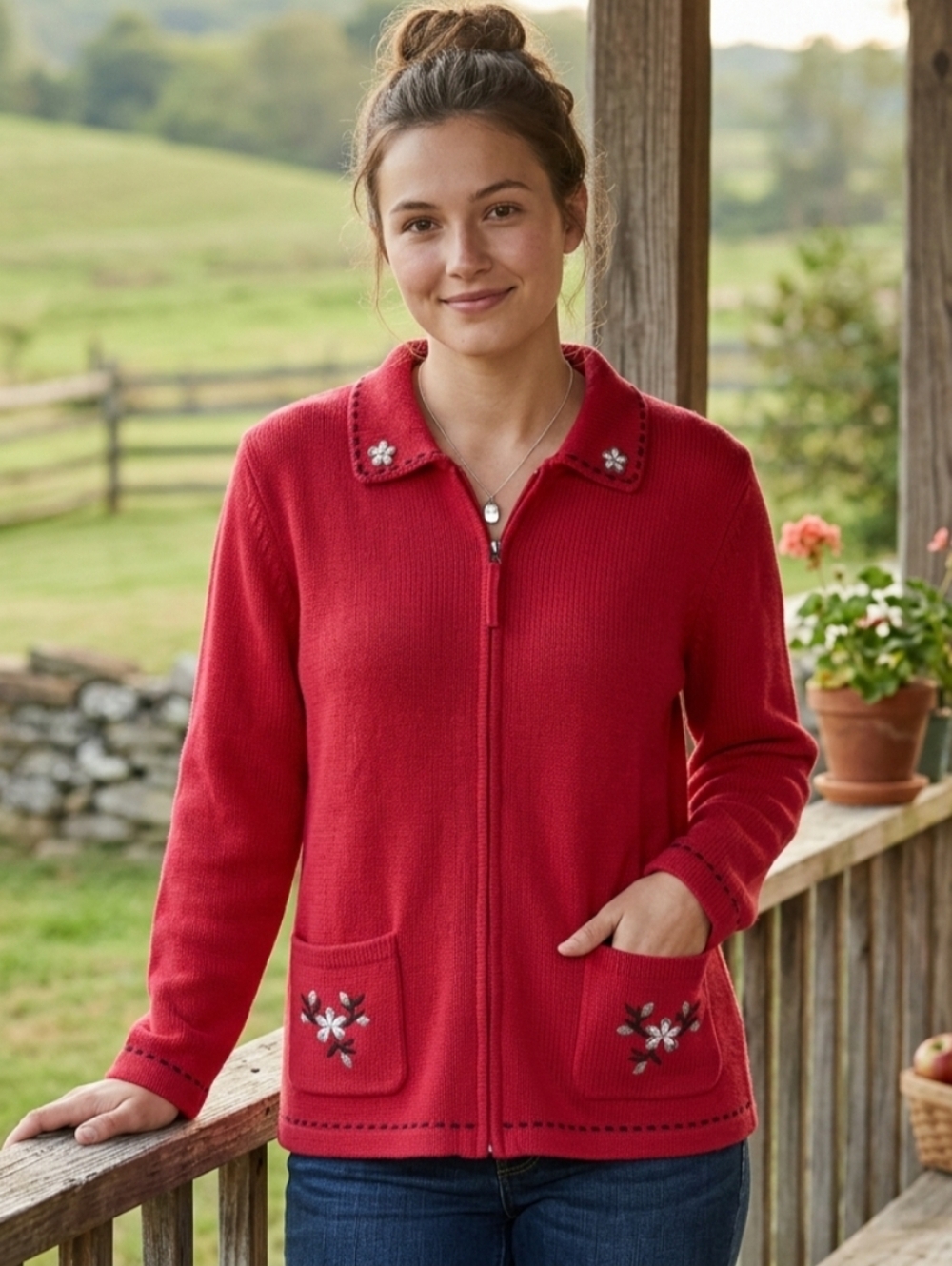 Vintage 90's Northern Reflections Red Embroidered Zip Up Cardigan Sweater XL